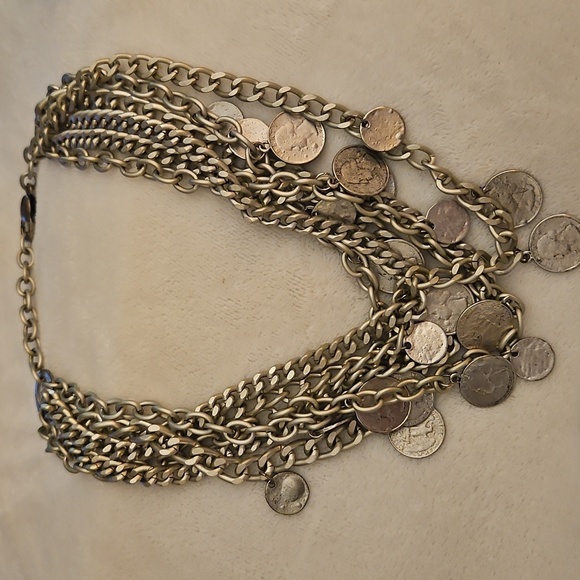 Vtg 1980s Chunky Multi-Layered Faux Quarter Dime Coin Festival Chain Necklace - Picture 2 of 7